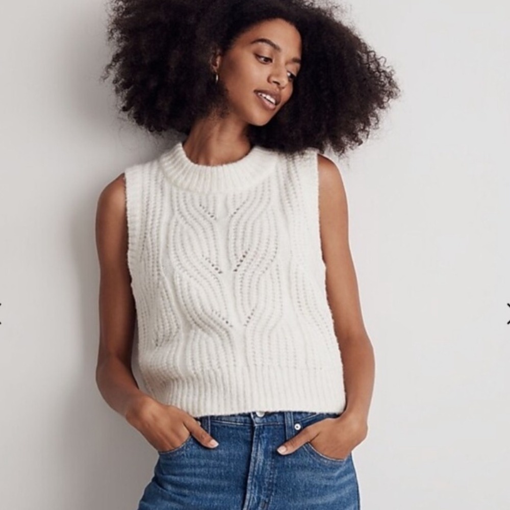Madewell Womens XXS Cable Knit Sleeveless Sweater Vest Pullover Cream - Picture 2 of 11
